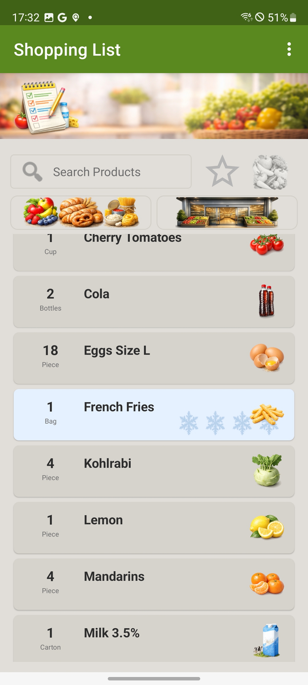 Shopping list with entries
